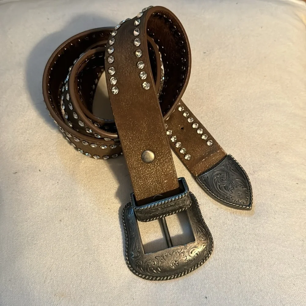 Western fashion rhinestone‎ brown leather belt M/L